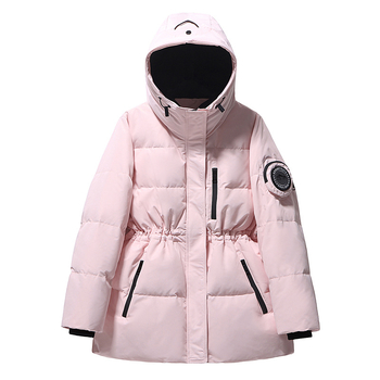 Geacă de damă din puf de rață – 86–90% conținut de puf, glugă, lungime medie, fermoar