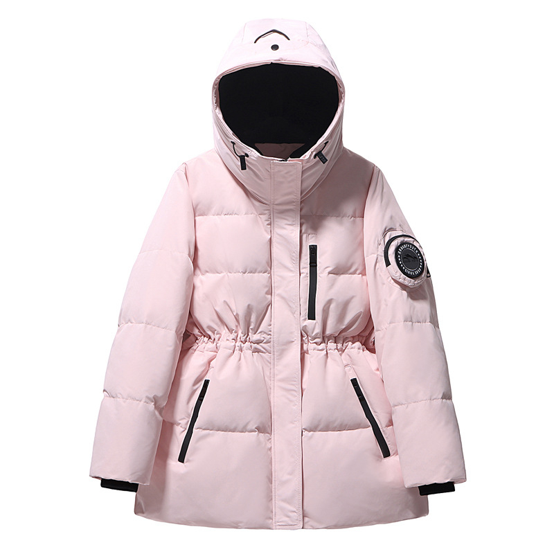 Geacă de damă din puf de rață – 86–90% conținut de puf, glugă, lungime medie, fermoar