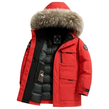 Levehető nyérc szőrrel galléros téli pehelykabát, vízálló és szélálló, fehér kacsa tolltöltet 157 g, loft 750, -20°C-tól -5°C-ig tartomány