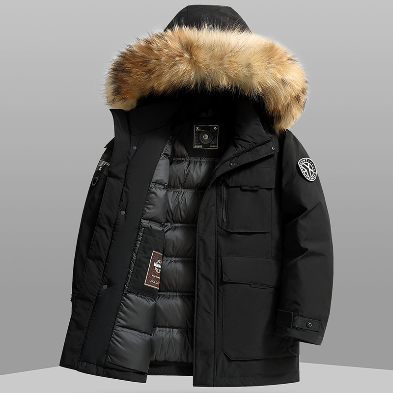 Levehető nyérc szőrrel galléros téli pehelykabát, vízálló és szélálló, fehér kacsa tolltöltet 157 g, loft 750, -20°C-tól -5°C-ig tartomány