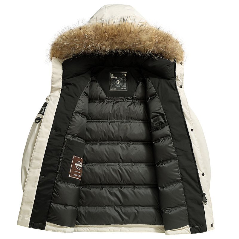 Levehető nyérc szőrrel galléros téli pehelykabát, vízálló és szélálló, fehér kacsa tolltöltet 157 g, loft 750, -20°C-tól -5°C-ig tartomány