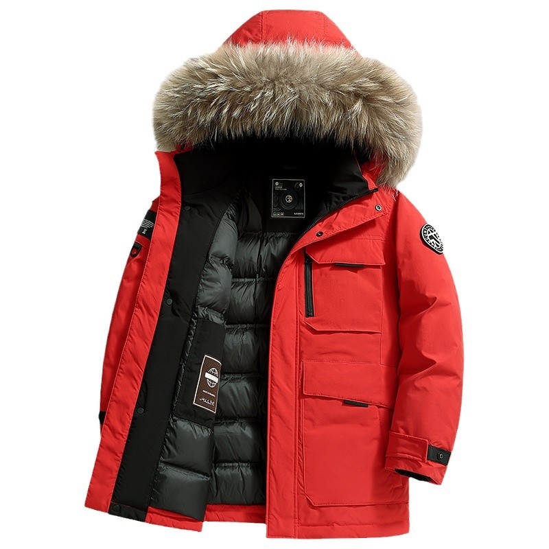 Levehető nyérc szőrrel galléros téli pehelykabát, vízálló és szélálló, fehér kacsa tolltöltet 157 g, loft 750, -20°C-tól -5°C-ig tartomány