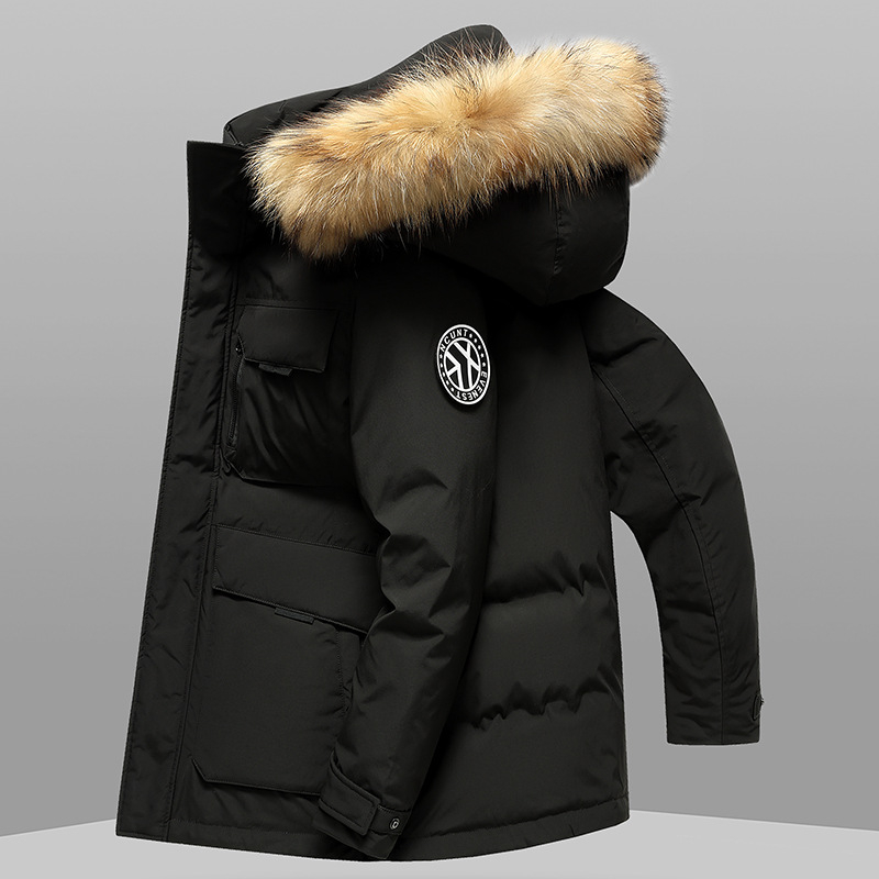 Levehető nyérc szőrrel galléros téli pehelykabát, vízálló és szélálló, fehér kacsa tolltöltet 157 g, loft 750, -20°C-tól -5°C-ig tartomány