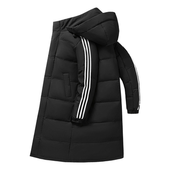 Geacă lungă din puf cu glugă, design cu trei dungi, umplutură din puf de rață alb, căptușeală 100% cașmir