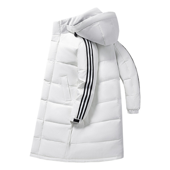 Geacă lungă din puf cu glugă, design cu trei dungi, umplutură din puf de rață alb, căptușeală 100% cașmir