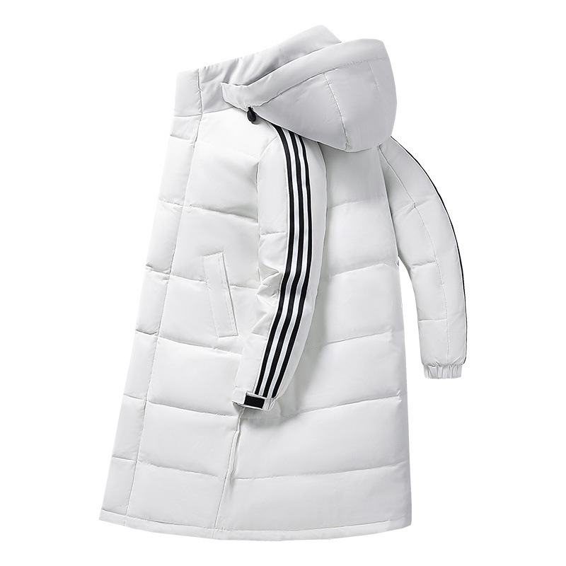 Geacă lungă din puf cu glugă, design cu trei dungi, umplutură din puf de rață alb, căptușeală 100% cașmir