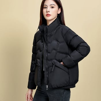 Geacă de iarnă pentru femei, 2024, Umplutură din puf de rață, 66–70% puf, Material Chenille cu Spandex, Croială dreaptă, mâneci lungi, fermoar frontal