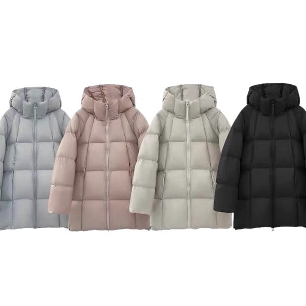 Dámska bunda s kapucňou, stredná dĺžka, výplň 201-300 g páperie, obsah páperia 91-95%, nadýchaný pocit