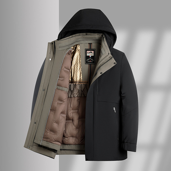 Férfi libapelyhes parka, középhosszú, levehető belső bélés, 86–90% tolltartalom, fehér libapelyhe töltet