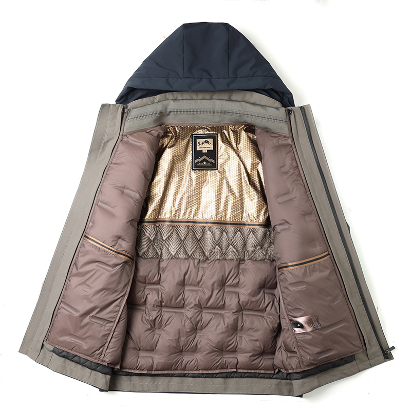 Férfi libapelyhes parka, középhosszú, levehető belső bélés, 86–90% tolltartalom, fehér libapelyhe töltet