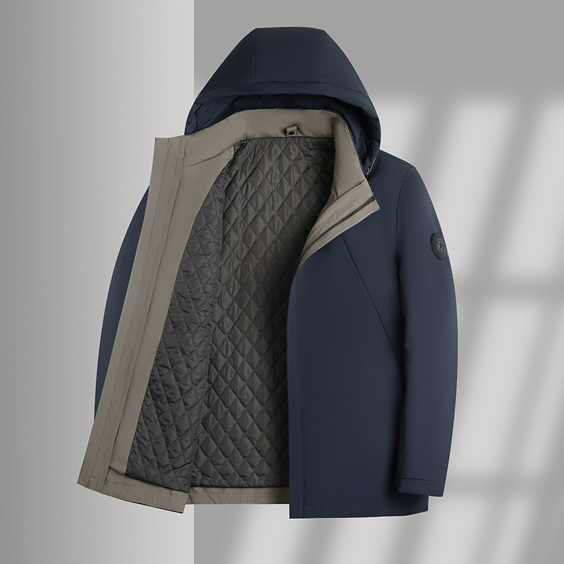 Férfi libapelyhes parka, középhosszú, levehető belső bélés, 86–90% tolltartalom, fehér libapelyhe töltet