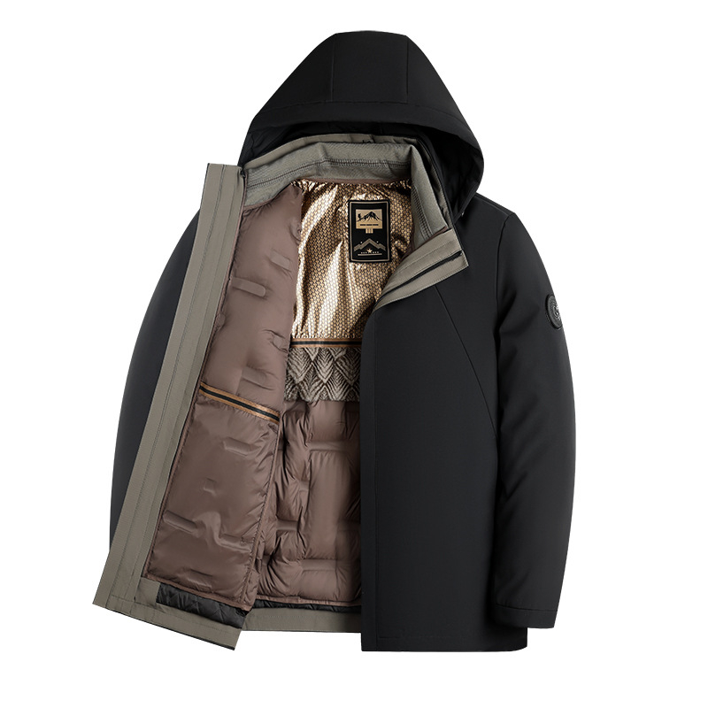 Férfi libapelyhes parka, középhosszú, levehető belső bélés, 86–90% tolltartalom, fehér libapelyhe töltet