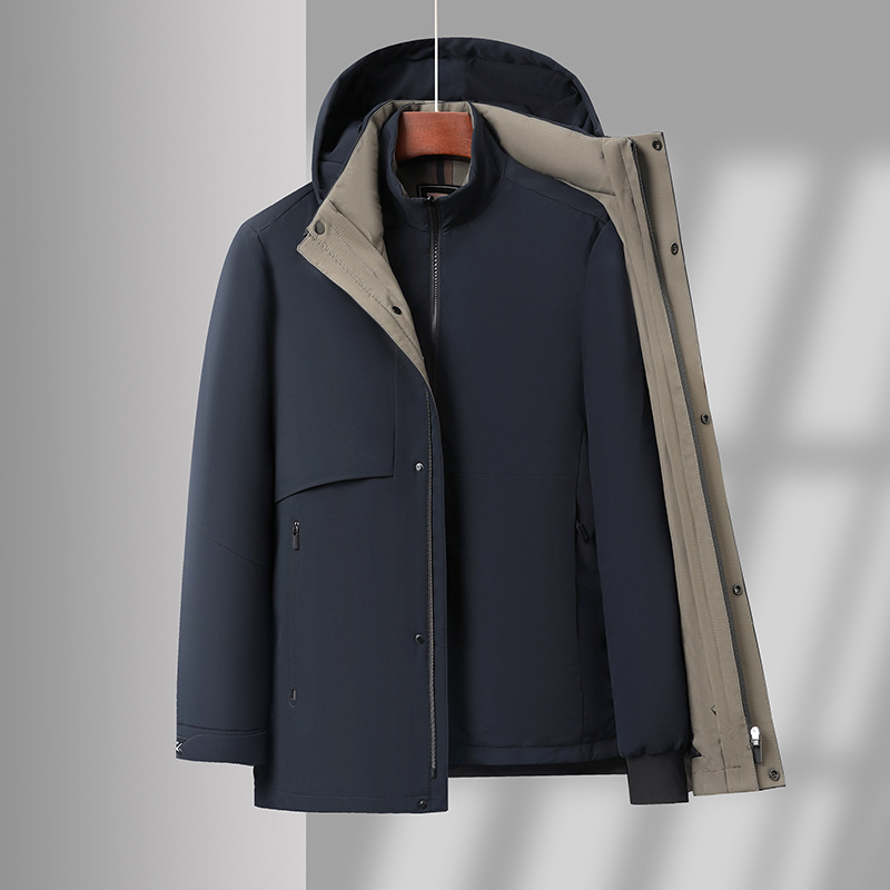 Férfi libapelyhes parka, középhosszú, levehető belső bélés, 86–90% tolltartalom, fehér libapelyhe töltet