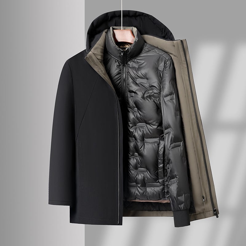 Férfi libapelyhes parka, középhosszú, levehető belső bélés, 86–90% tolltartalom, fehér libapelyhe töltet