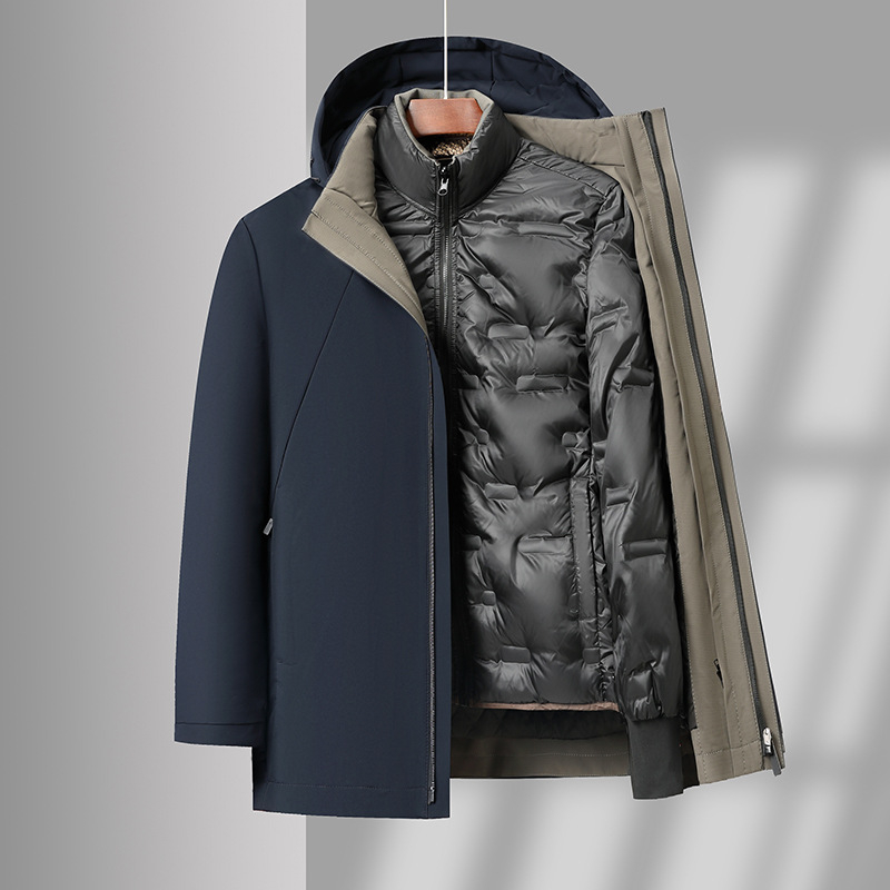 Férfi libapelyhes parka, középhosszú, levehető belső bélés, 86–90% tolltartalom, fehér libapelyhe töltet