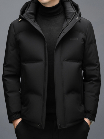 Férfi téli vastag pehelydzseki fehér kacsa tollal, levehető kapucnival, casual meleg, 260 g töltet