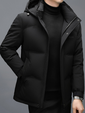 Férfi téli vastag pehelydzseki fehér kacsa tollal, levehető kapucnival, casual meleg, 260 g töltet