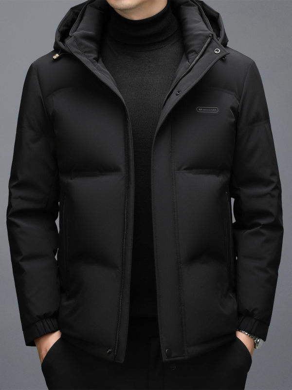 Férfi téli vastag pehelydzseki fehér kacsa tollal, levehető kapucnival, casual meleg, 260 g töltet