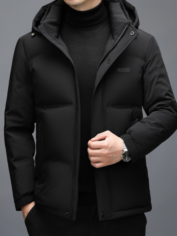 Férfi téli vastag pehelydzseki fehér kacsa tollal, levehető kapucnival, casual meleg, 260 g töltet