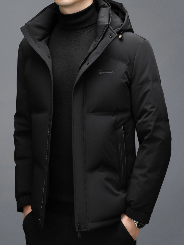 Férfi téli vastag pehelydzseki fehér kacsa tollal, levehető kapucnival, casual meleg, 260 g töltet