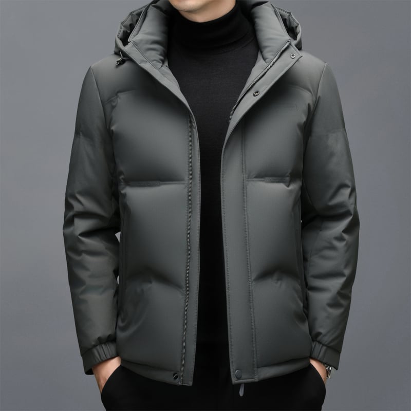 Férfi téli vastag pehelydzseki fehér kacsa tollal, levehető kapucnival, casual meleg, 260 g töltet