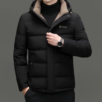 Geacă de iarnă din puf pentru bărbați, glugă, croială slim, lungime medie, 76–80% puf de rață