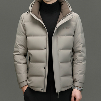 Geacă de iarnă din puf pentru bărbați, glugă, croială slim, lungime medie, 76–80% puf de rață
