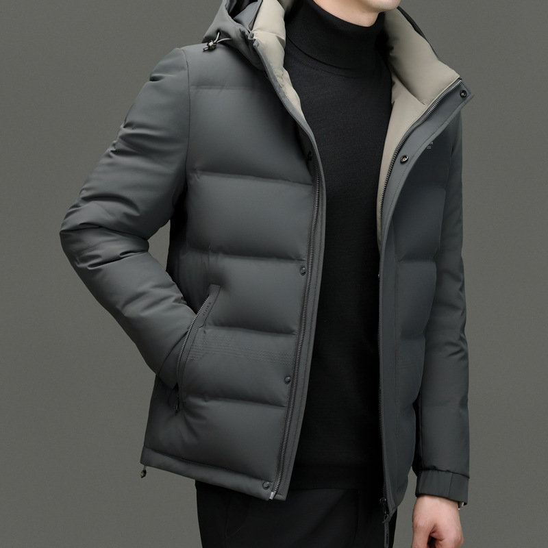 Geacă de iarnă din puf pentru bărbați, glugă, croială slim, lungime medie, 76–80% puf de rață