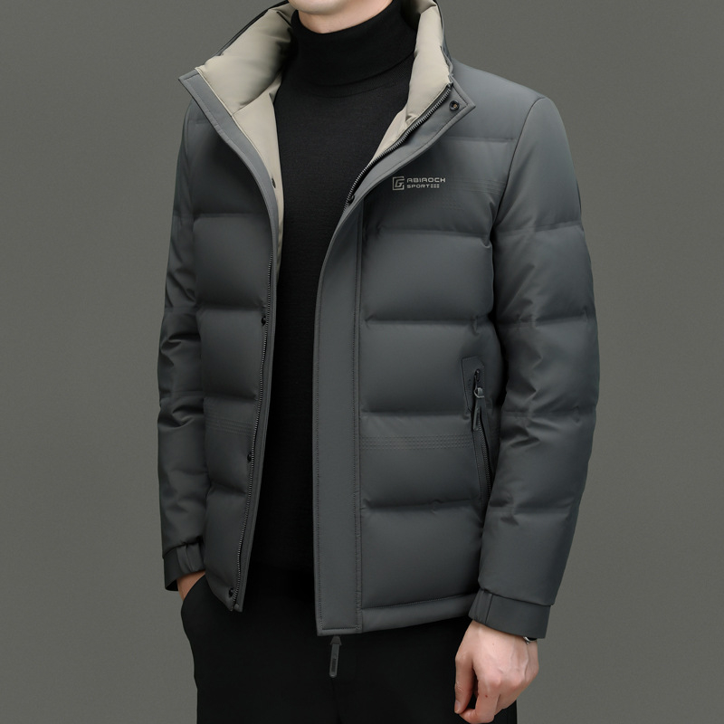 Geacă de iarnă din puf pentru bărbați, glugă, croială slim, lungime medie, 76–80% puf de rață