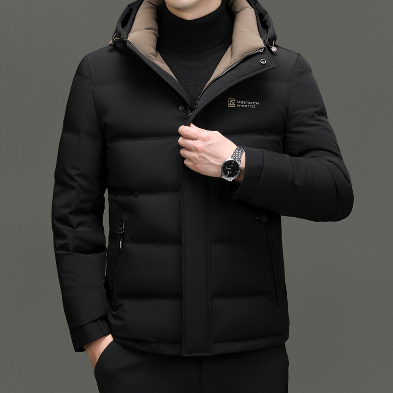 Geacă de iarnă din puf pentru bărbați, glugă, croială slim, lungime medie, 76–80% puf de rață
