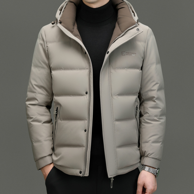 Geacă de iarnă din puf pentru bărbați, glugă, croială slim, lungime medie, 76–80% puf de rață