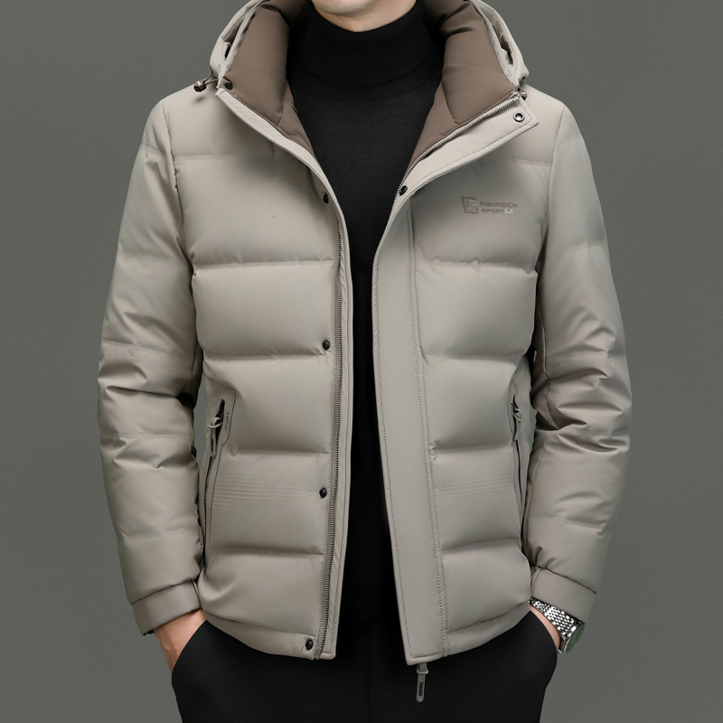 Geacă de iarnă din puf pentru bărbați, glugă, croială slim, lungime medie, 76–80% puf de rață