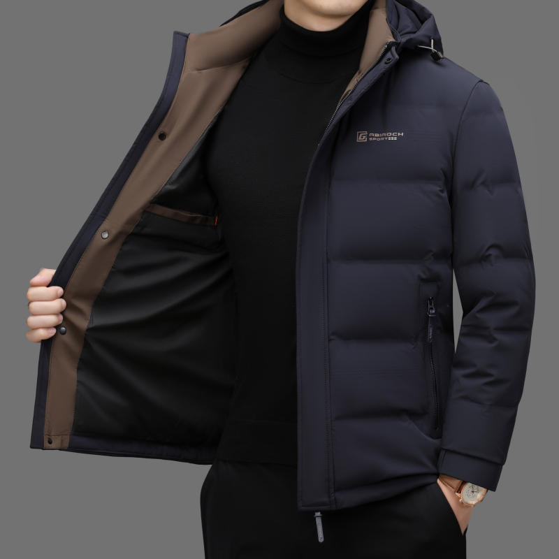 Geacă de iarnă din puf pentru bărbați, glugă, croială slim, lungime medie, 76–80% puf de rață
