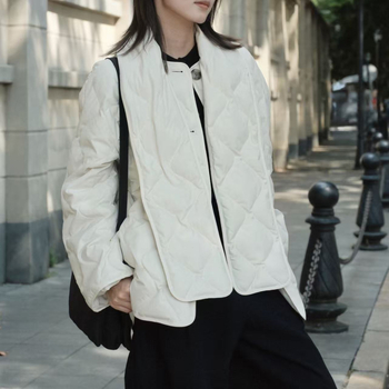 Jakna s ovratnikom-šalom, minimalistički elegantan gradski stil, 71–75% bijelog patka perja, nadoplna 51–100 g, dužina 50–65 cm