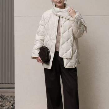 Jakna s ovratnikom-šalom, minimalistički elegantan gradski stil, 71–75% bijelog patka perja, nadoplna 51–100 g, dužina 50–65 cm