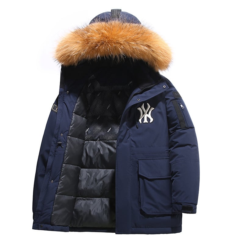 MFMLBNY Geacă cu Puf, Lungă, Glugă, Puf de Rață 550, Umplere 300 g+, Lungime Extinsă >100 cm, Iarnă 2024, Masculin