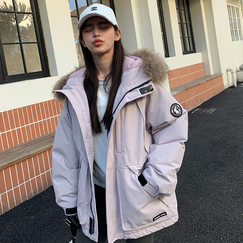 Jachetă de iarnă din puf pentru femei cu glugă și guler din blană, lungime medie, umplutură din puf de rață albă 86–90%, 201–300 g, material poliester, iarnă 2025