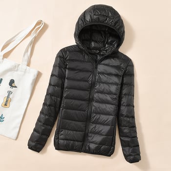 Női slim-fit kapucnis tollas kabát nylon külsővel, kacsa tollal töltött, 201–300 g, 51–55% tolltartalom