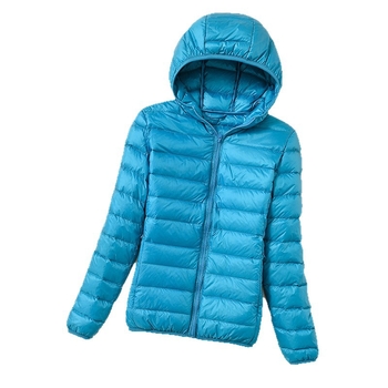 Női slim-fit kapucnis tollas kabát nylon külsővel, kacsa tollal töltött, 201–300 g, 51–55% tolltartalom