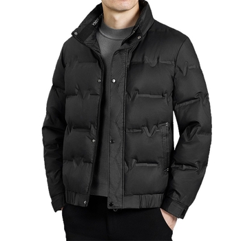 Férfi rövid pehelydzseki - álló gallér, elülső cipzár, szélálló, fehér kacsa pehely 46–50% töltet, normál meleg (-20°C-tól -5°C-ig)