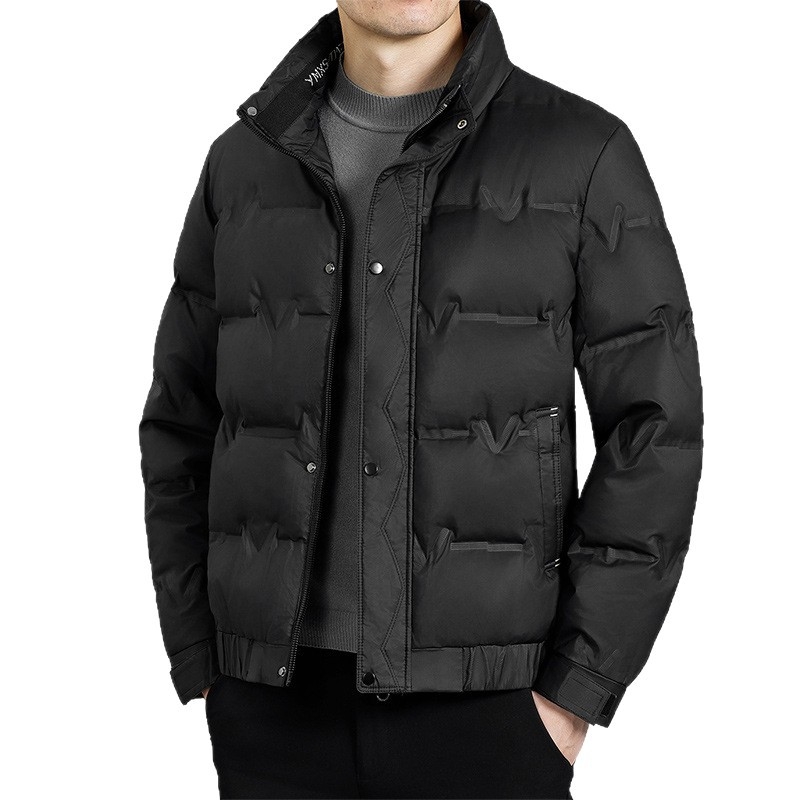 Férfi rövid pehelydzseki - álló gallér, elülső cipzár, szélálló, fehér kacsa pehely 46–50% töltet, normál meleg (-20°C-tól -5°C-ig)