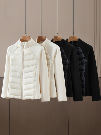 Geacă de iarnă din puf, croială slim, lungime ultra scurtă, închidere cu fermoar, material chenille cu elastan