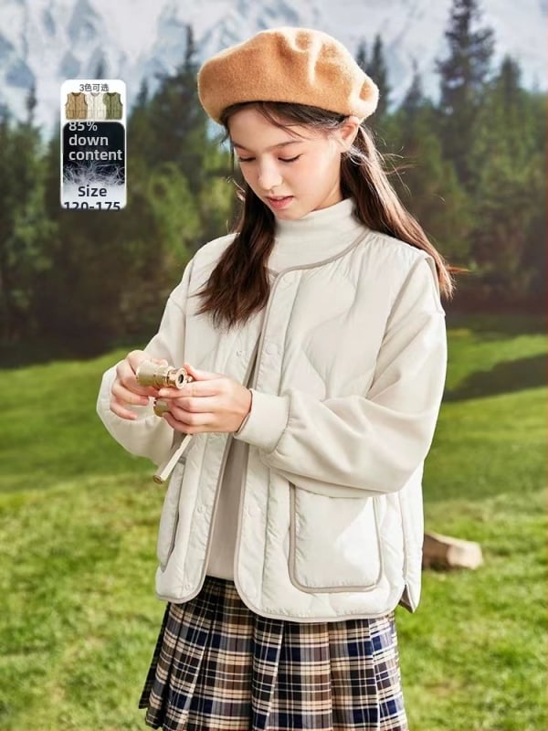 Vesta de copii din puf, ușoară, fără mâneci, croială lejeră, umplutură din puf de rață alb, pentru copii 8+ ani (peste 140 cm), toamnă/iarnă.