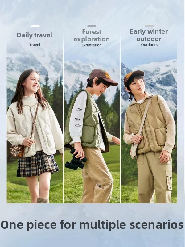 Bērnu pūka veste, viegla, bez piedurknēm, brīvā piegriezuma, pildījums – balta pīļu pūka, odere poliesters, 8+ gadu vecums (140 cm+), rudens/ziemas sezona.