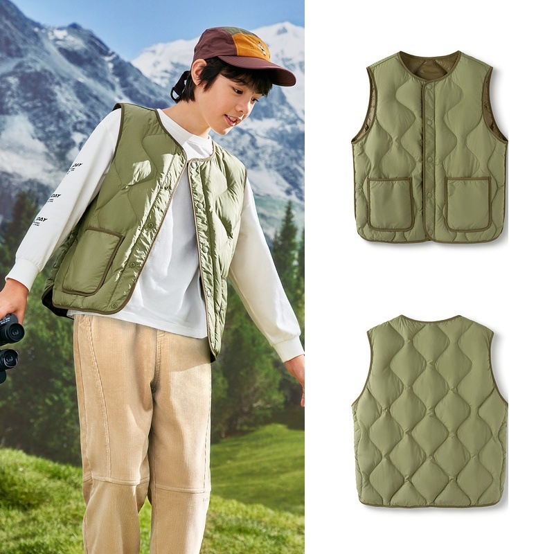 Vesta de copii din puf, ușoară, fără mâneci, croială lejeră, umplutură din puf de rață alb, pentru copii 8+ ani (peste 140 cm), toamnă/iarnă.