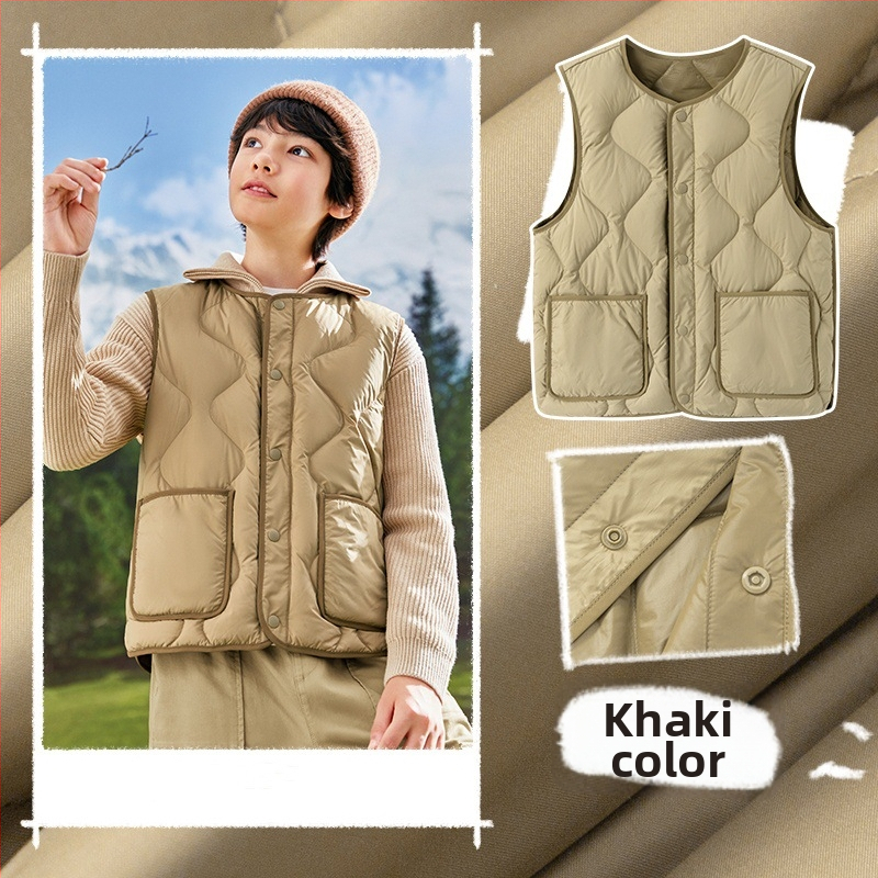 Vesta de copii din puf, ușoară, fără mâneci, croială lejeră, umplutură din puf de rață alb, pentru copii 8+ ani (peste 140 cm), toamnă/iarnă.