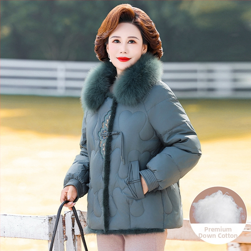Žieminė moteriška striukė su pūko-kokvilinės užpildais, poliesterio audinys, pagrindinis sudėtis 50-70% poliesterio, akrilas <30%, Kinijos stiliaus paltas, Žiema 2023