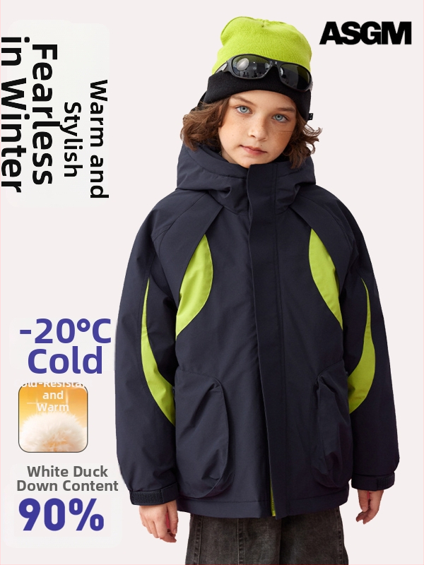 Asgm bērnu pūkaina jaka ar kapuci, ārkārtīgi aukstai ziemai, 86–90% balta pīļu pūka, pildījums 107–170 g, vidējā garuma, brīvs piegriezums, Ziemas 2025