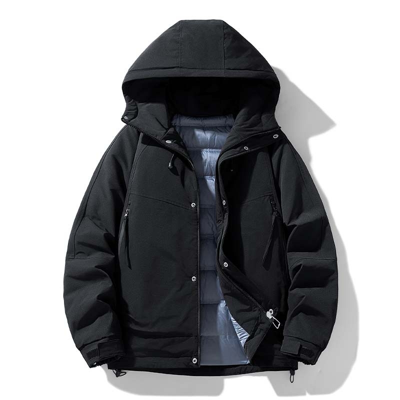 Muška zimska jakna s kapuljom, otporna na vjetar i hladnoću, punjena bijelim patkim perjem 90%+, gustoća punjenja 600, vanjski i podstava od poliestera, jednobojna, streetwear stil