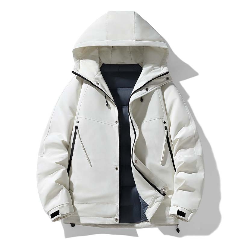 Muška zimska jakna s kapuljom, otporna na vjetar i hladnoću, punjena bijelim patkim perjem 90%+, gustoća punjenja 600, vanjski i podstava od poliestera, jednobojna, streetwear stil